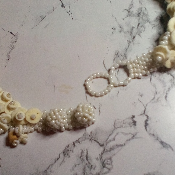 Vintage Artisan Hand Crafted Crochet MOP Ostrich Shell & Wood Beaded Necklace - Picture 2 of 12